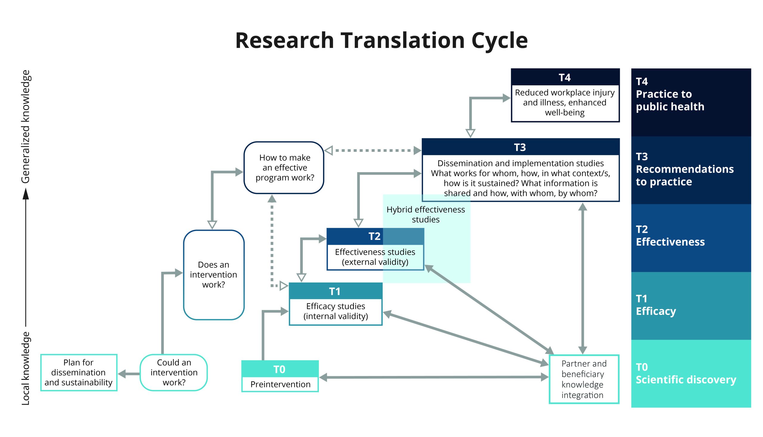 Research Translation Cycle A graphic depicting the movement of knowledge from research to practice through five research translation phases.