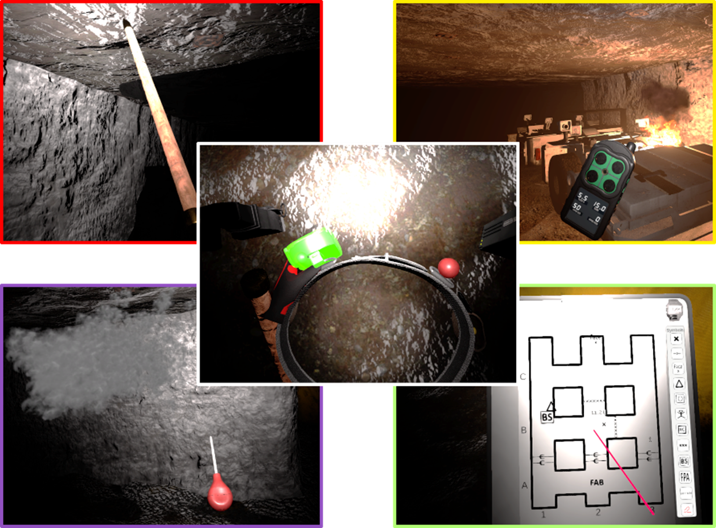 Screen captures from the first-person perspective of the tools available to various roles. Top left: a sounding stick; Top right: a multi-gas detector; Bottom left: a smoke tube; Bottom right: a map board; Center: captain's tool belt. Screen captures from the first-person perspective of the tools available to various roles. Top left: a sounding stick; Top right: a multi-gas detector; Bottom left: a smoke tube; Bottom right: a map board; Center: captain's tool belt.