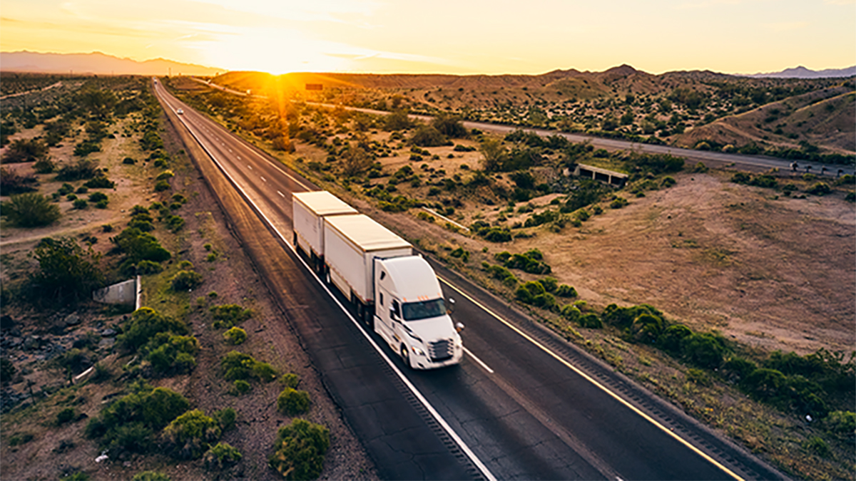 WSD DLO Photo of large white tractor trailer driving on a vast straight interstate indicative of the Western United States.