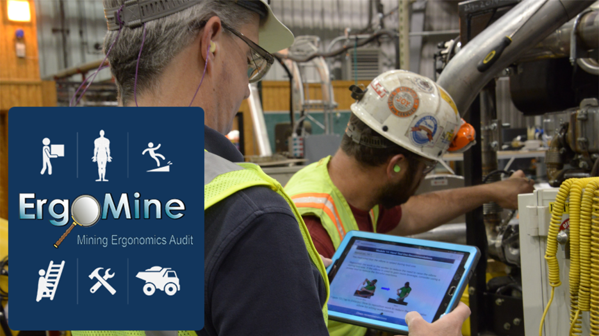 ErgoMine 2.0 representative image ErgoMine mobile app logo and photo of manager performing an audit on a worker