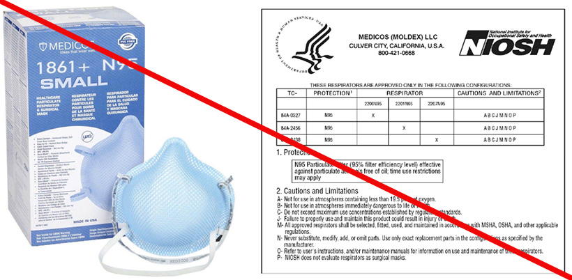 Image of counterfeit respirator and packaging next to image of a letter misrepresenting NIOSH approval