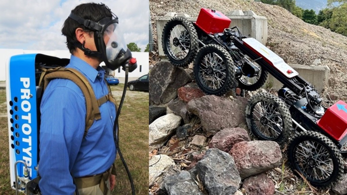 Mining contracts thumbnail with breathing apparatus and JPL robot Photographs of researcher wearing prototype breathing apparatus and prototype mine emergency robot