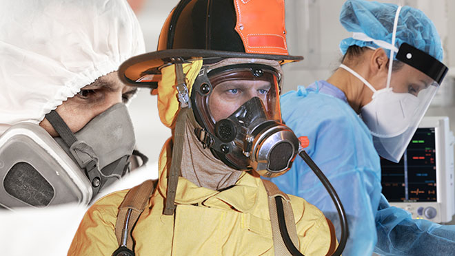 Collage of images showing workers wearing different types of respirators