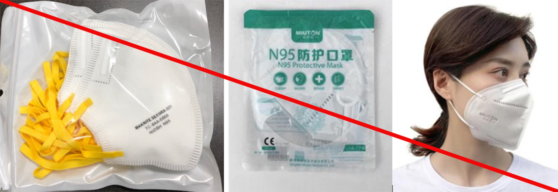 Collage of product, product packaging, and person wearing the product that mispresents a NIOSH approval