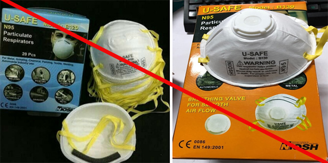 Two images of different product models mispresenting a NIOSH approval