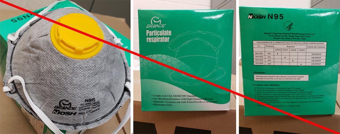 Product and front and back of product packaging misrepresenting a NIOSH approval