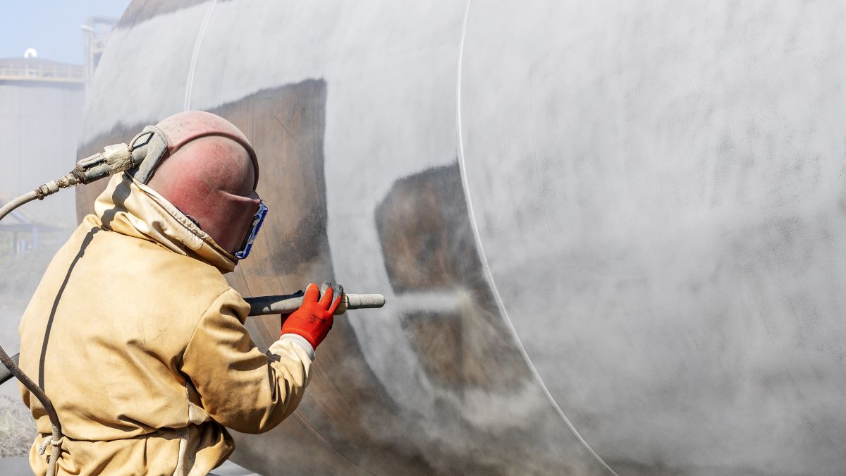 Worker wearing an SAR and other personal protective equipment while sandblasting