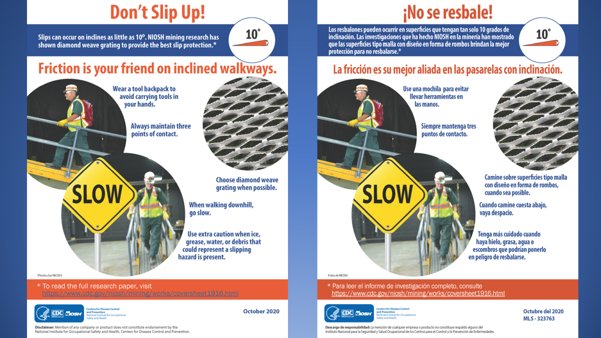Thumbnail images of English and Spanish versions of the Don't Slip Up infographic