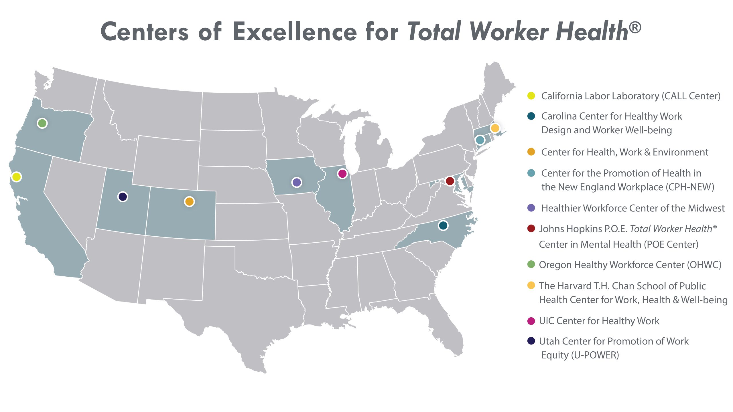 — title missing — Map of the United States with the locations of the 10 TWH Centers marked.