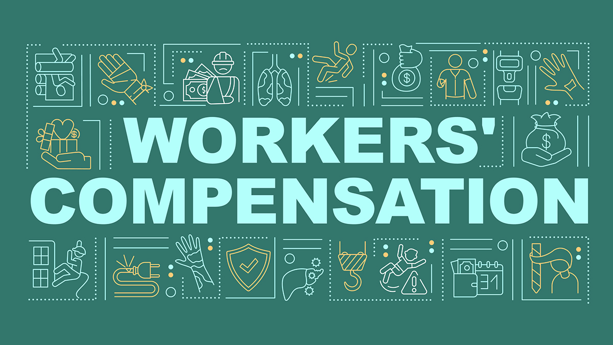1286331446 Illustrated image with the words workers' compensation surrounded by icons representing different industries and types of work.