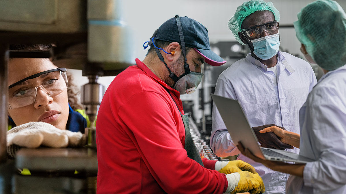 — title missing — 3 manufacturing workers completing job tasks wearing protective gear