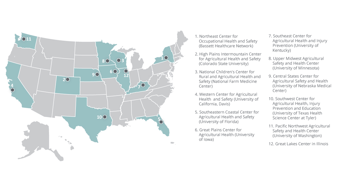 NIOSH Ag Centers Map 2024 Map of US with locations of Ag Centers marked.