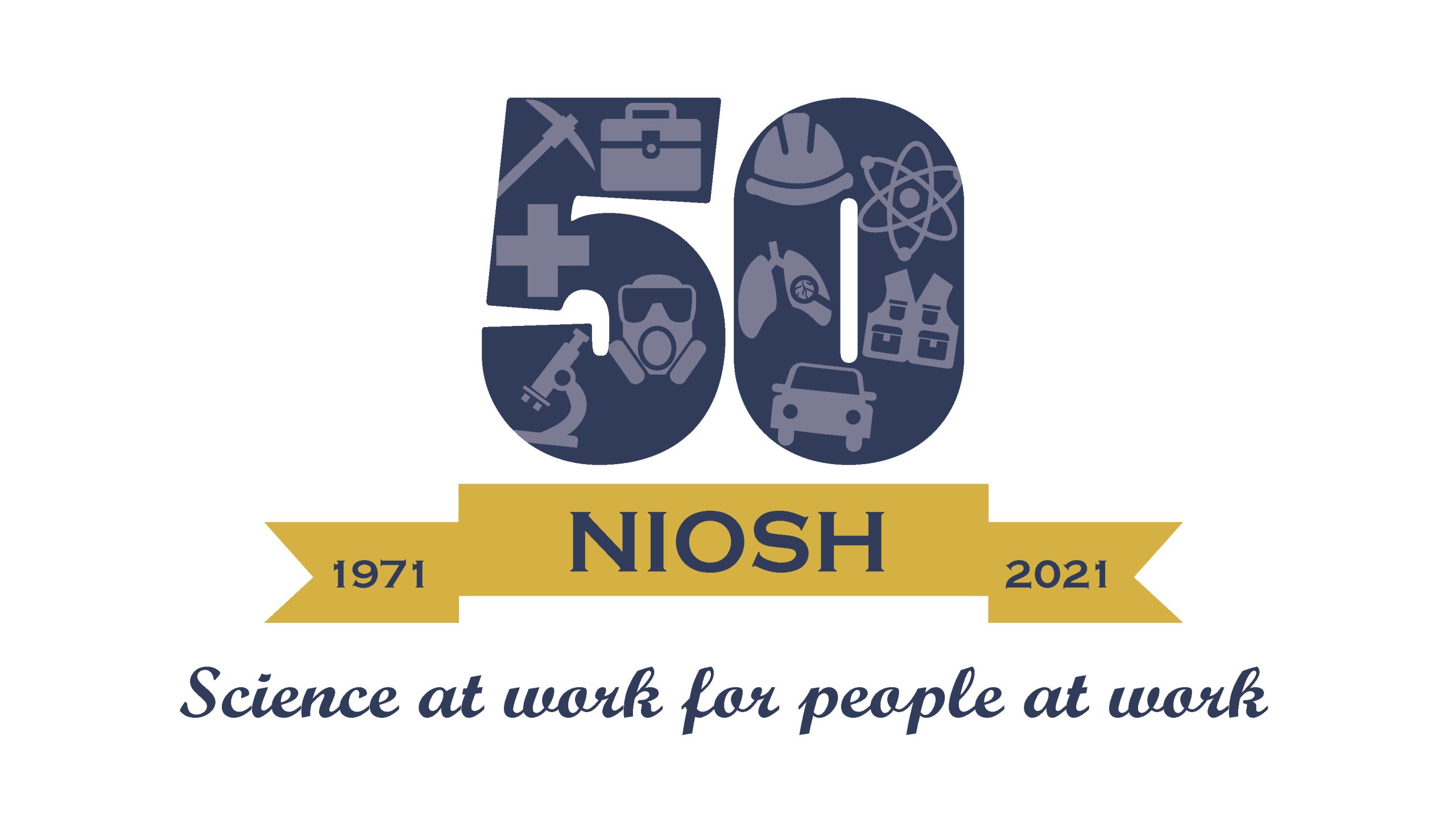 — title missing — Shows a large bold blue number 50 with gold banner underneath that says 1971-2021. The tag line "Science at work for people at work" is below that in blue.