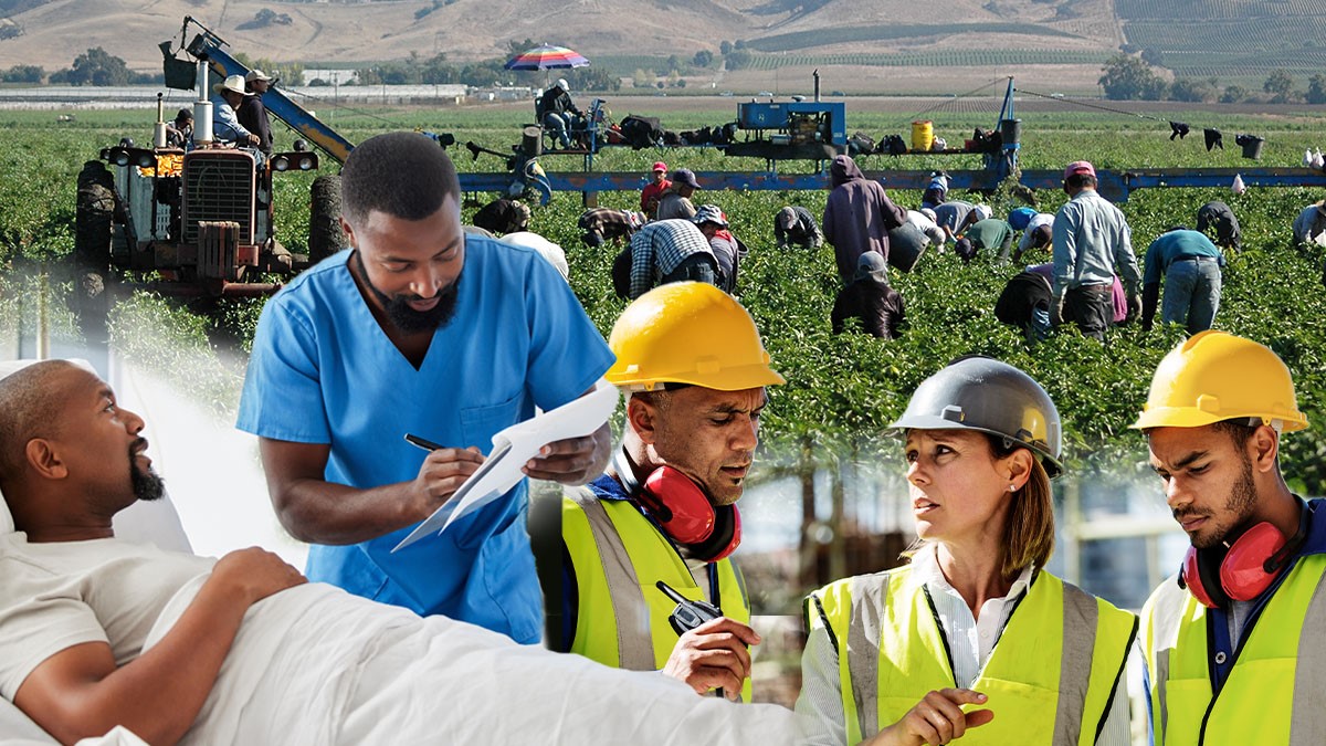 — title missing — collage of workers in a variety of settings including agriculture and manufacturing.