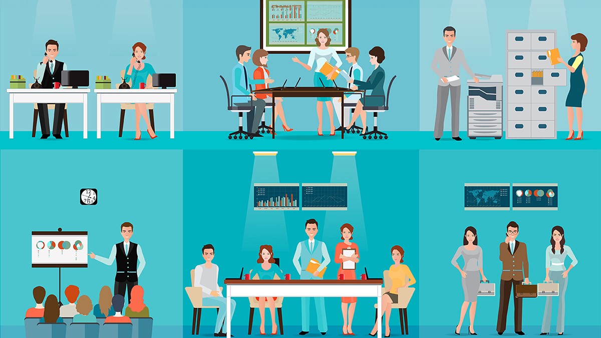 Office Environment 1 A group of people working in an office space. Some people are sitting at a desk, and some are in a meeting. One person is using a copy machine, and the other person is filing papers in a file cabinet.