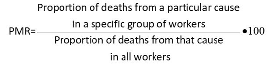 PMRImage.png To calculate a PMR, divide the proportion of deaths from a particular cause in a specific group of workers by the proportion of death from that cause in all workers. Then multiply the answer by 100.