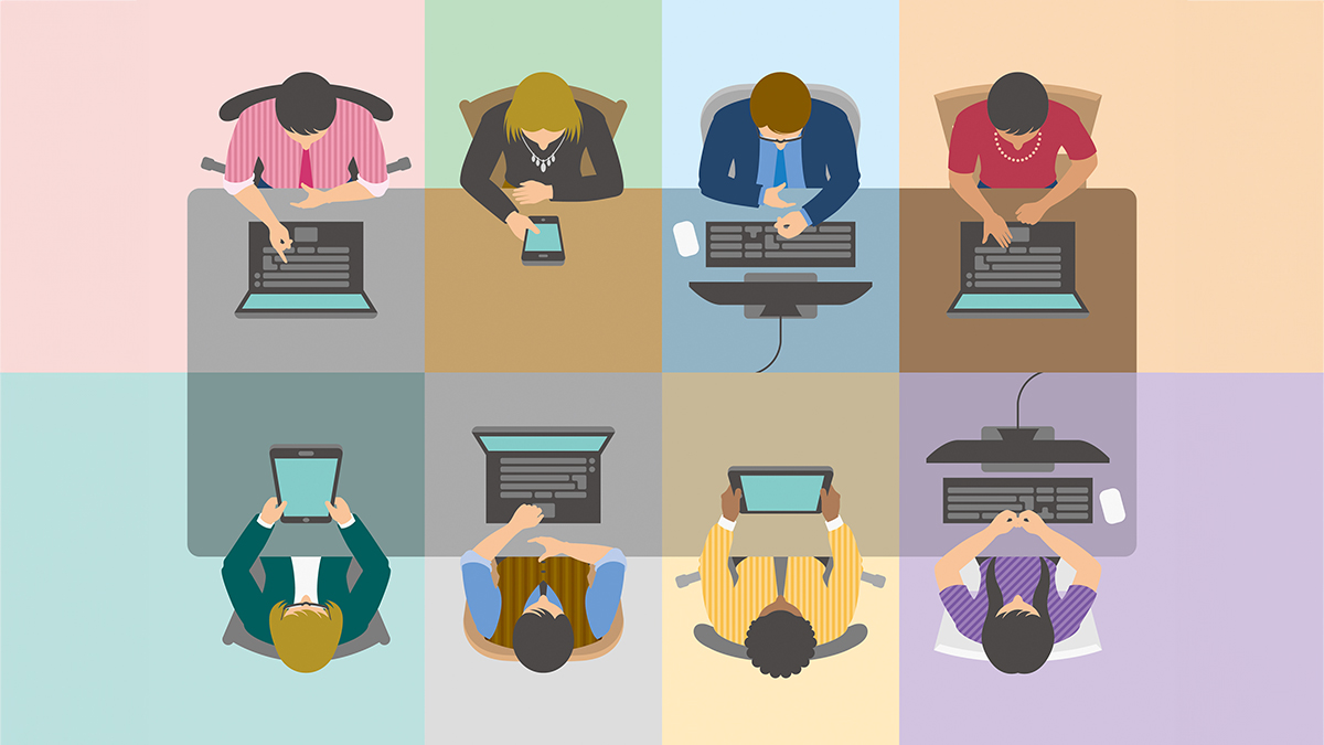 — title missing — Illustration of eight people joining a virtual meeting from different locations, giving the effect that they are all at a single conference table.