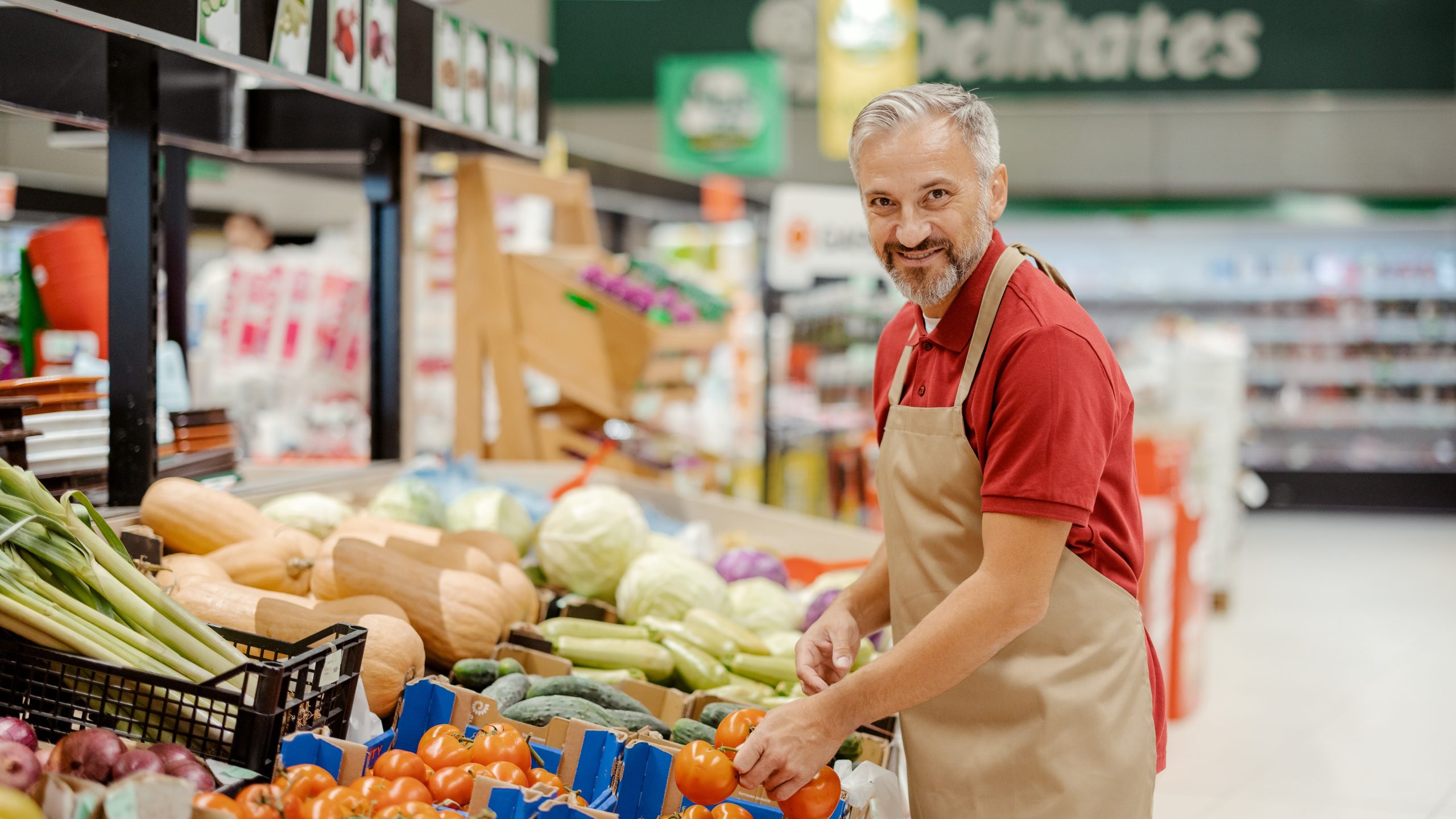 — title missing — Male grocery store attendant near produce section