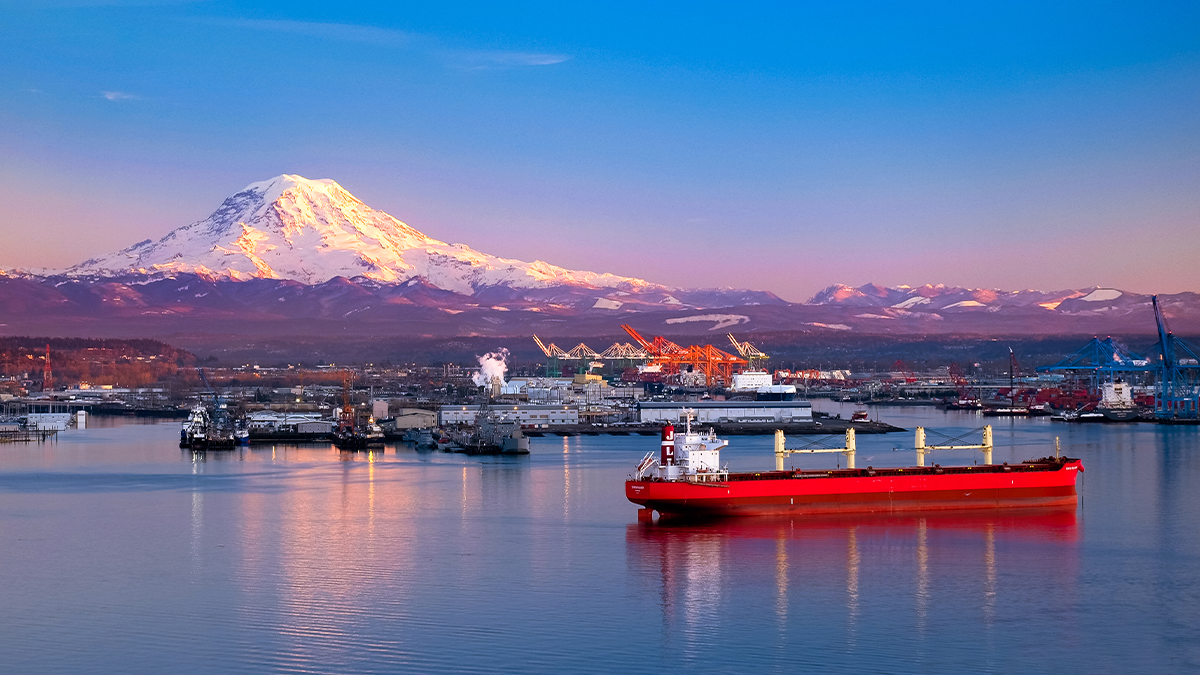 — title missing — Sunset Illuminates Mt Rainier, ships and the Port of Tacoma. Tobin Akenhurst iStock/Getty Images Plus