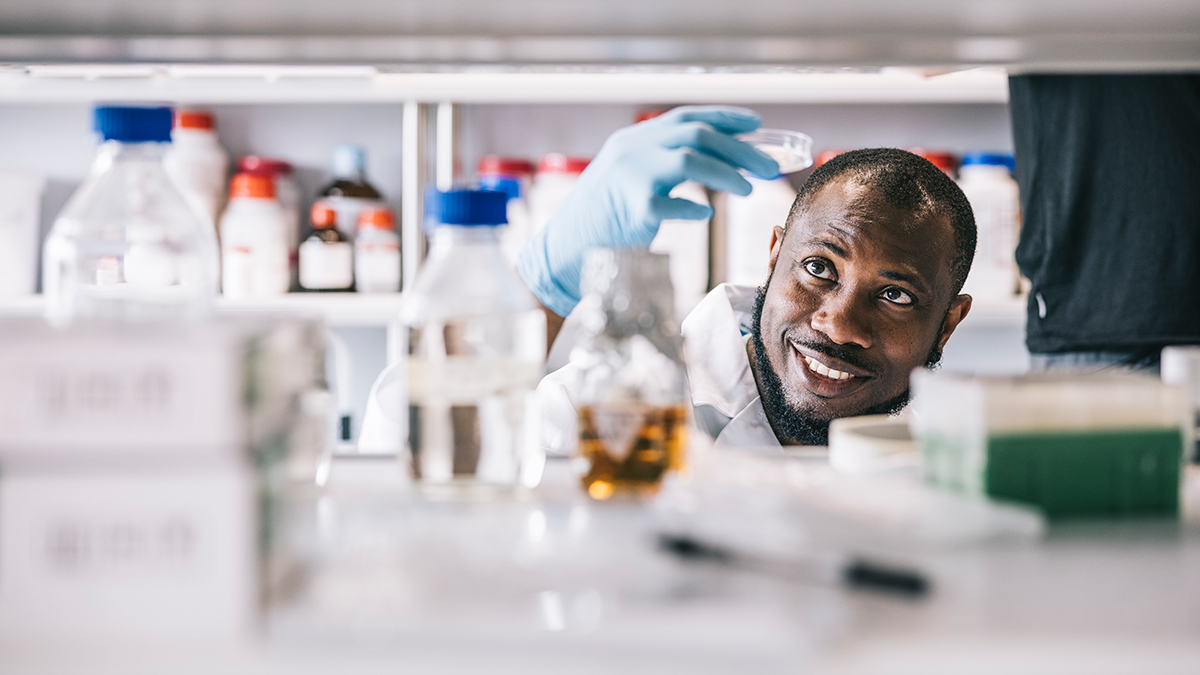 Laboratory scientist Laboratory scientist looking into petri dish, surrounded by lab supplies