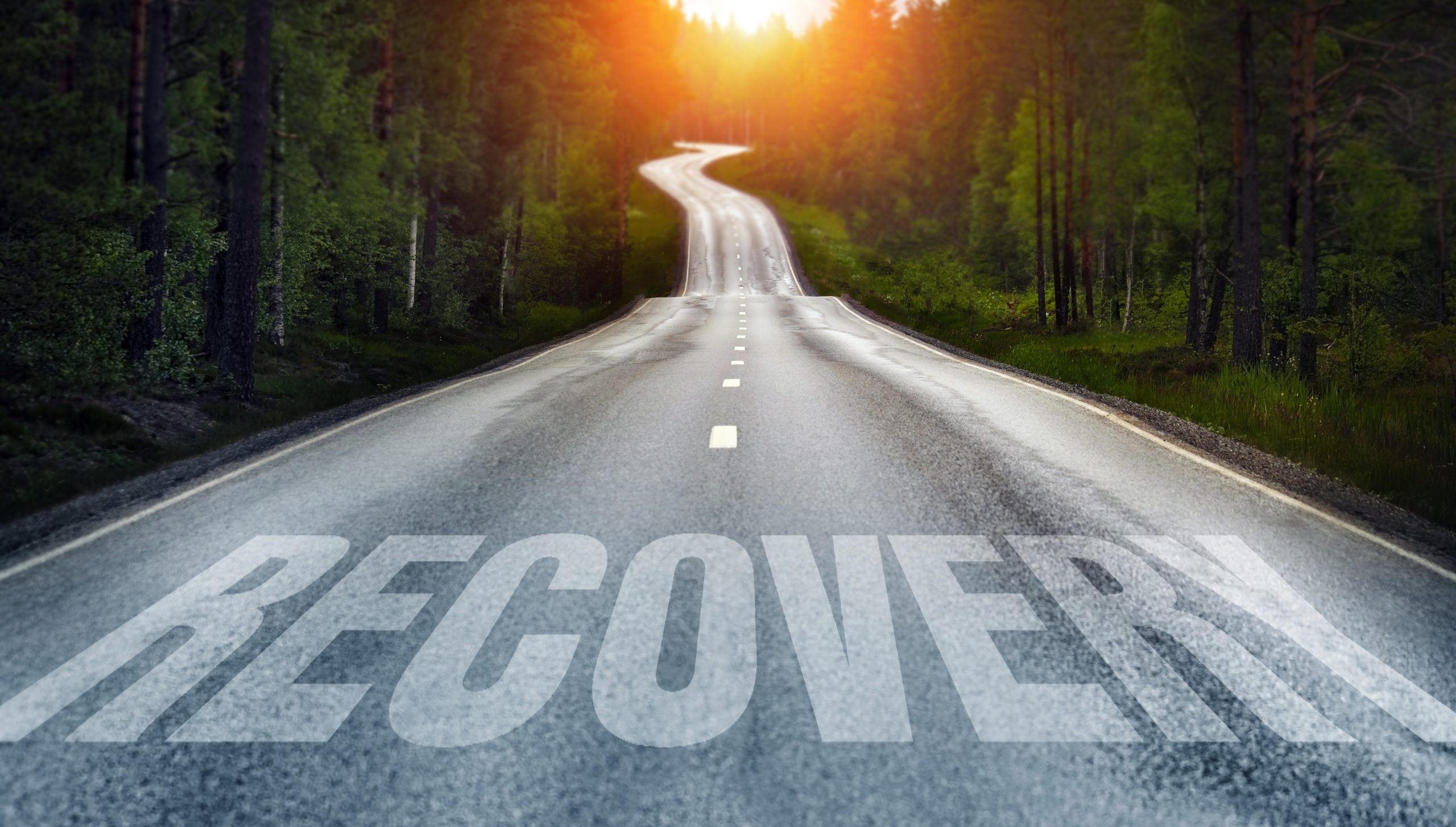 RecoveryRoad Open road between trees and a sunrise, with the word recovery on the road