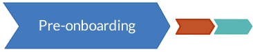 p1-pre-onboarding White background, blue large arrow tab the word pre-onboarding in white text; two smaller arrow tabs in brown and green.