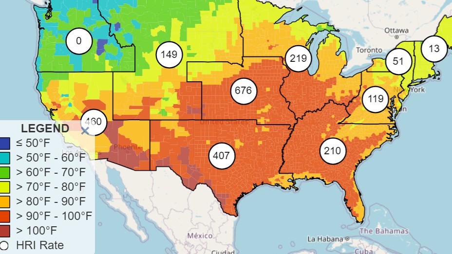 Heat_index_graph Graphic showing high rates of heat-related illness, identified by color, in regions across the US