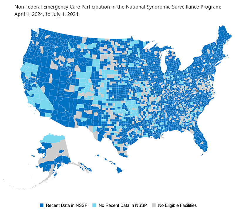 Participation Map for July 2024 Map with shaded regions to show participation in NSSP. Link to data table listed below for accessibility.