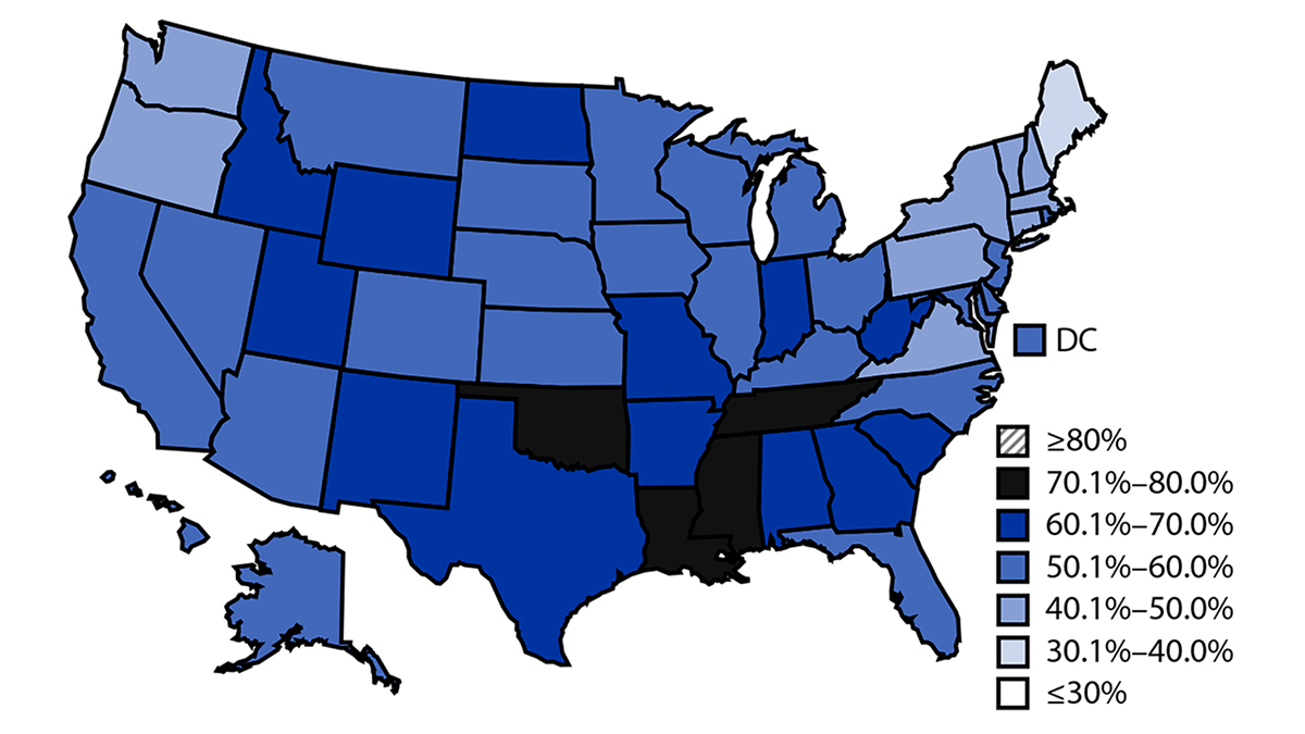 mm7207-H-5-SSBmap Map of the United States with each state shaded based on sugar-sweetened beverage consumption.