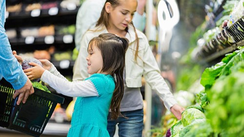 — title missing — Two girls shopping for vegetables at grocery store.