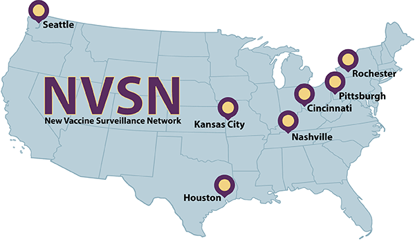 NVSN Homepage Logo United States map with markers indicating cities that have NVSN sites