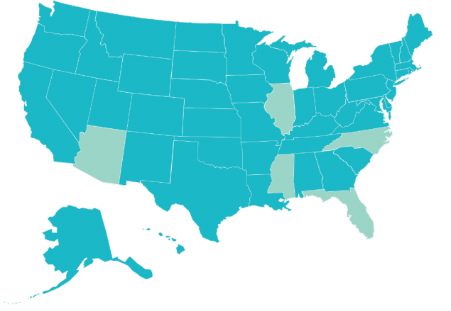 U.S. map with Florida, Mississippi, North Carolina, Illinois, and Arizona highlighted. U.S. map with Florida, Mississippi, North Carolina, Illinois, and Arizona highlighted.