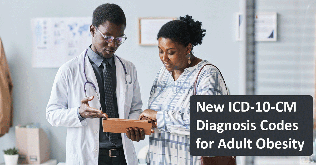 Adult Obesity ICD - LinkedIn Image A health care professional reviews a chart with a patient. A text overlay reads," New ICD-10-CM Diagnosis Codes for Adult Obesity."