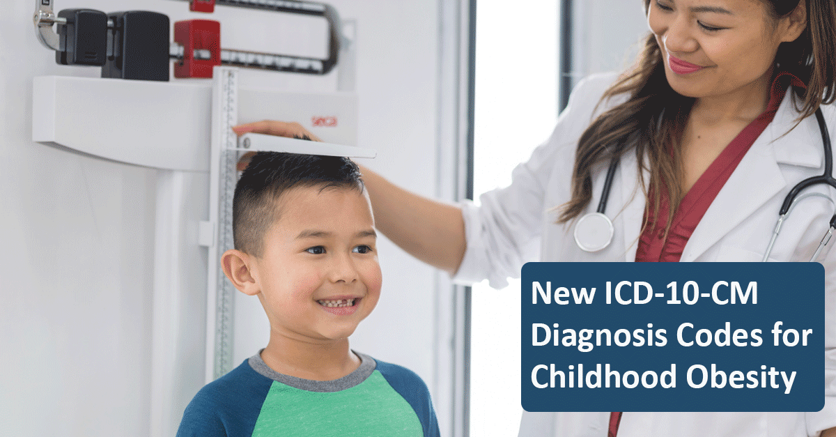 Childhood Obesity ICD LinkedIn A health care provider measures the height of a child. A text overlay reads, "New ICD-10-CM Diagnosis Codes for Childhood Obesity