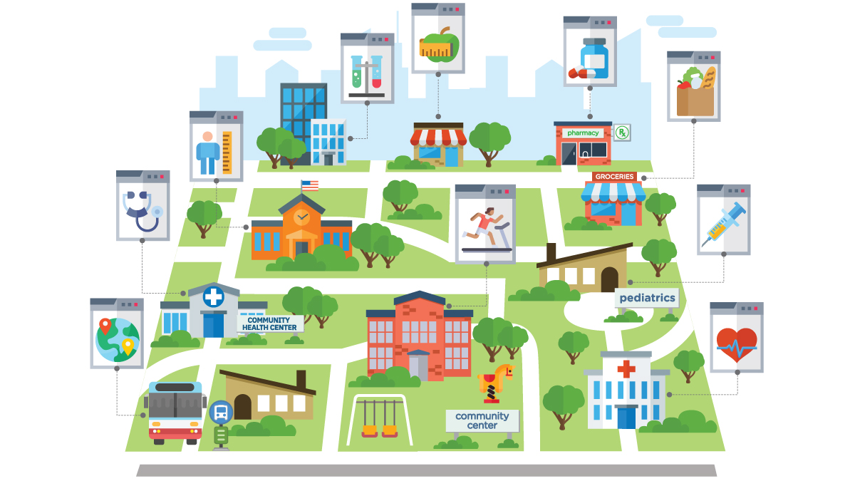— title missing — Drawing of a town showing different places where health care data may be stored.