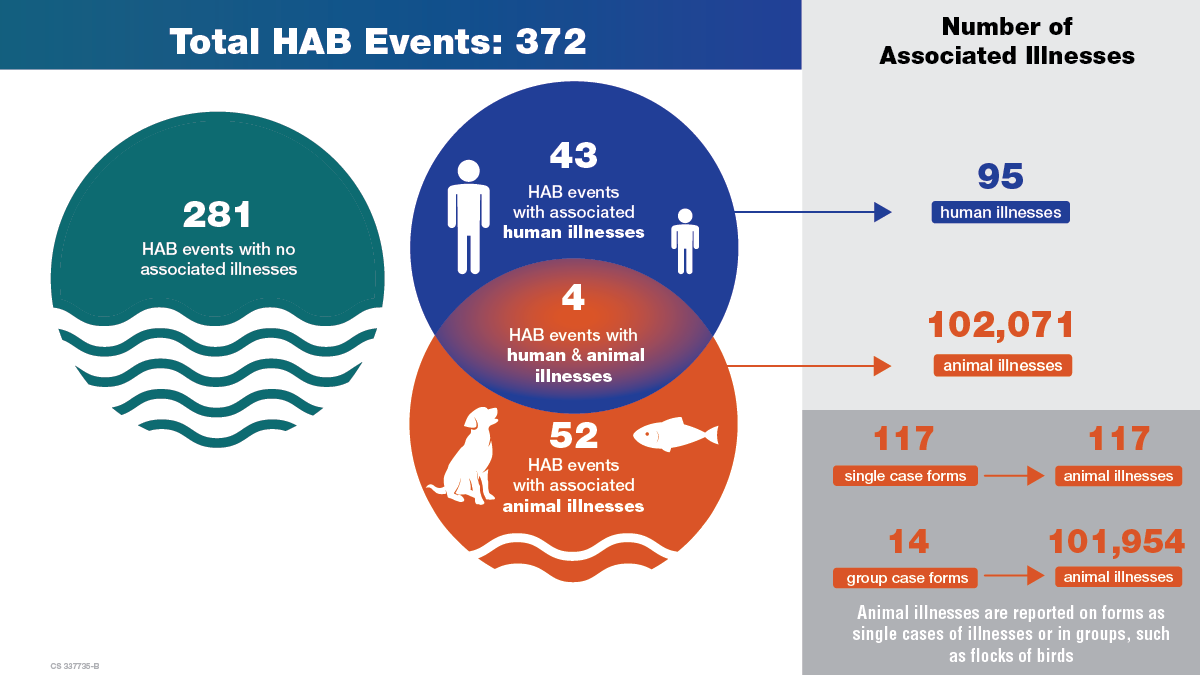 Figure 2: Reported HAB events with associated human and animal cases, 2022 Total HAB Events: 372, 281 not associated with illness, 43 with human illnesses, 52 with animal illnesses, 4 with both. Number of associated illnesses: 95 human, 102,071 animal