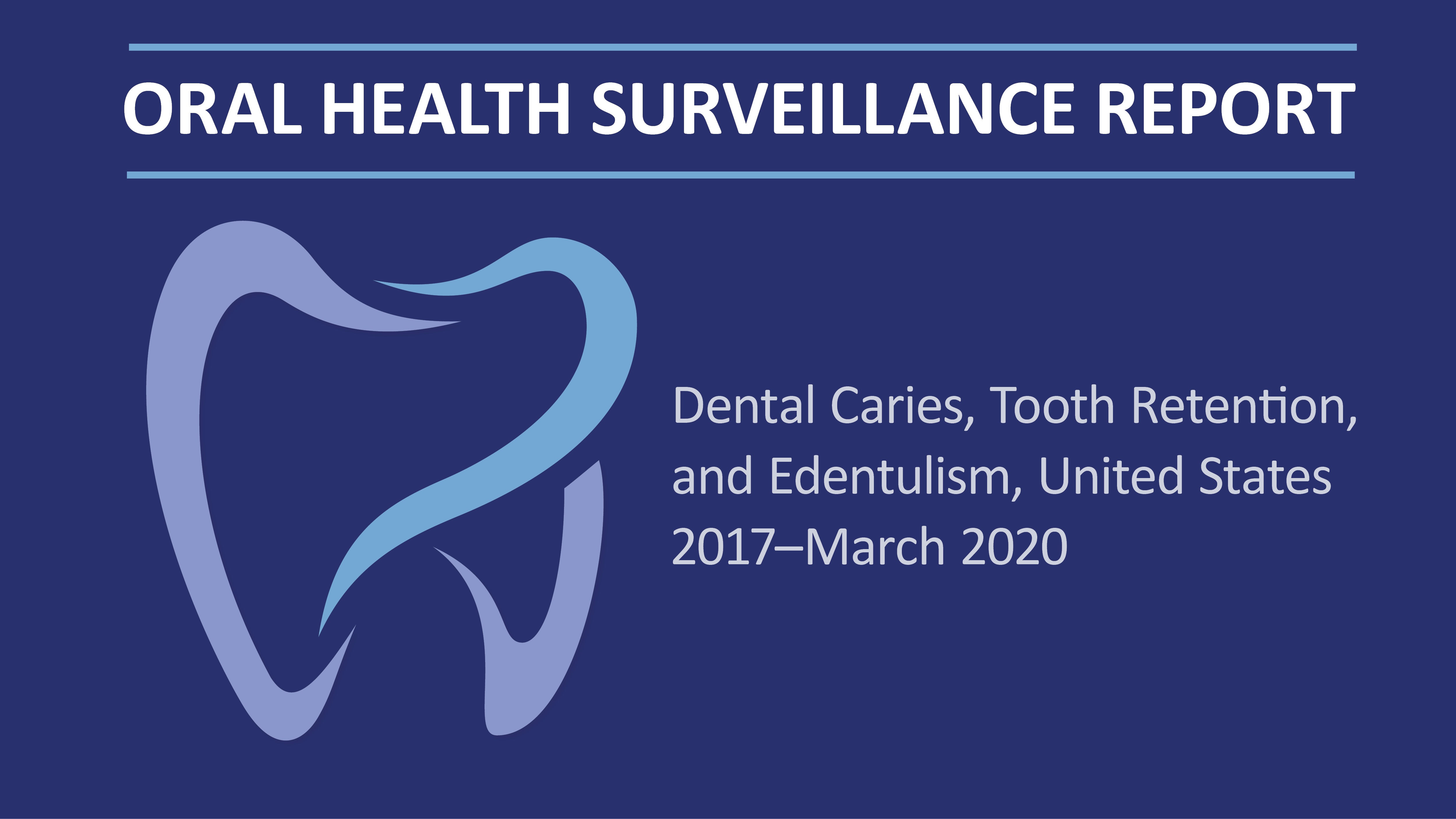 2024 OHSR Thumbnail A tooth with "Oral Health Surveillance Report" above it and "Dental Caries, Tooth Retention, and Edentulism, United States 2017-March 2020" to the right of the tooth on a purple background