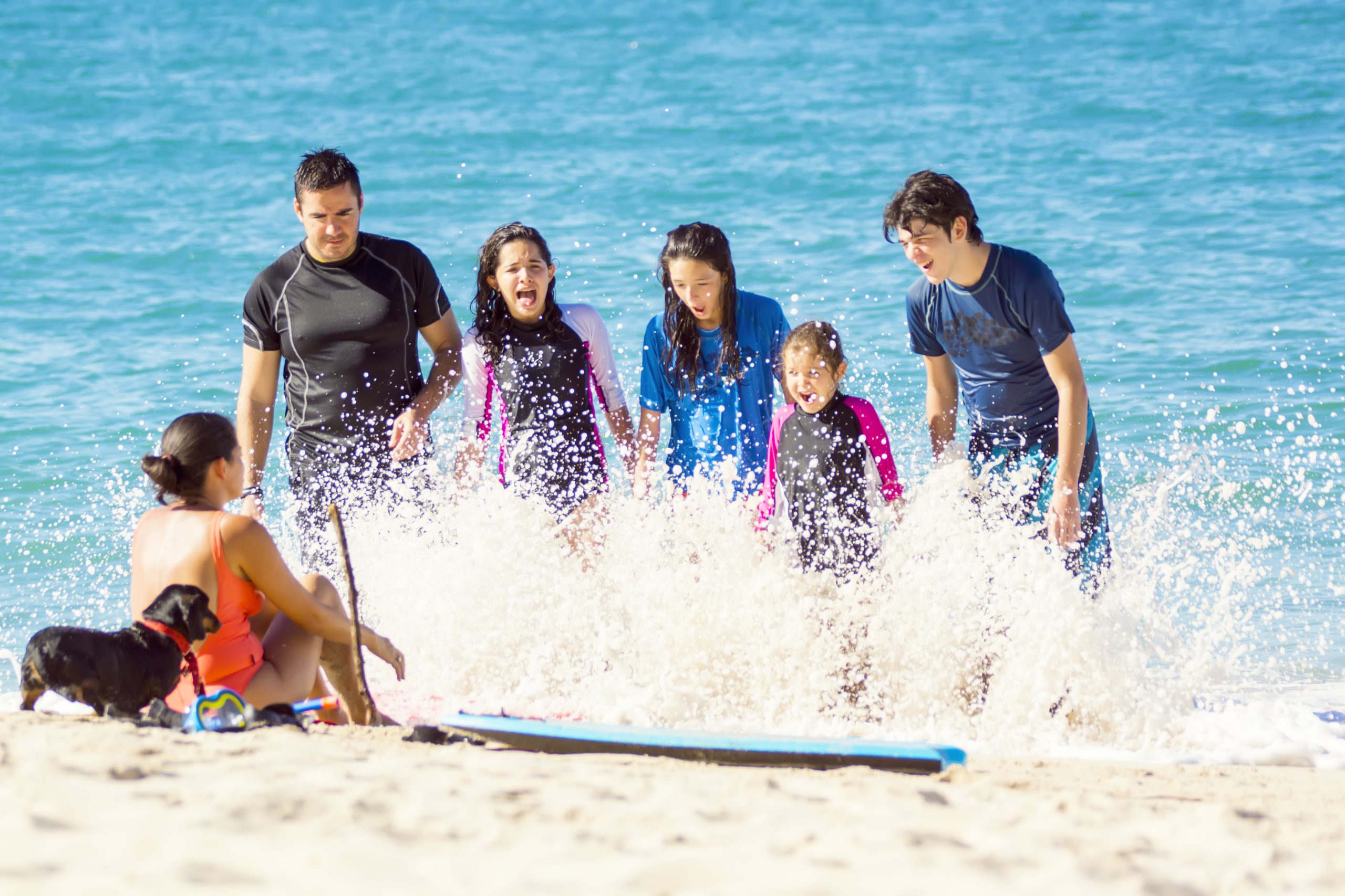 A family with dog getting splashed by a wave at the beach