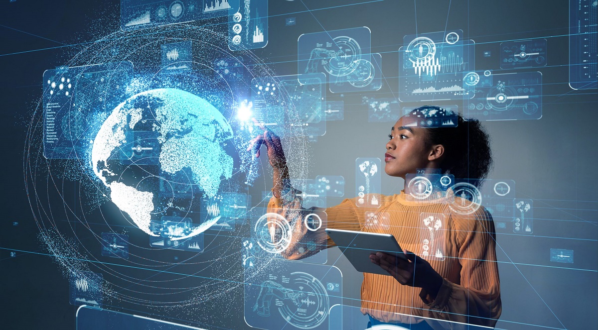 virtual desktop girl touching a virtual screen of the earth
