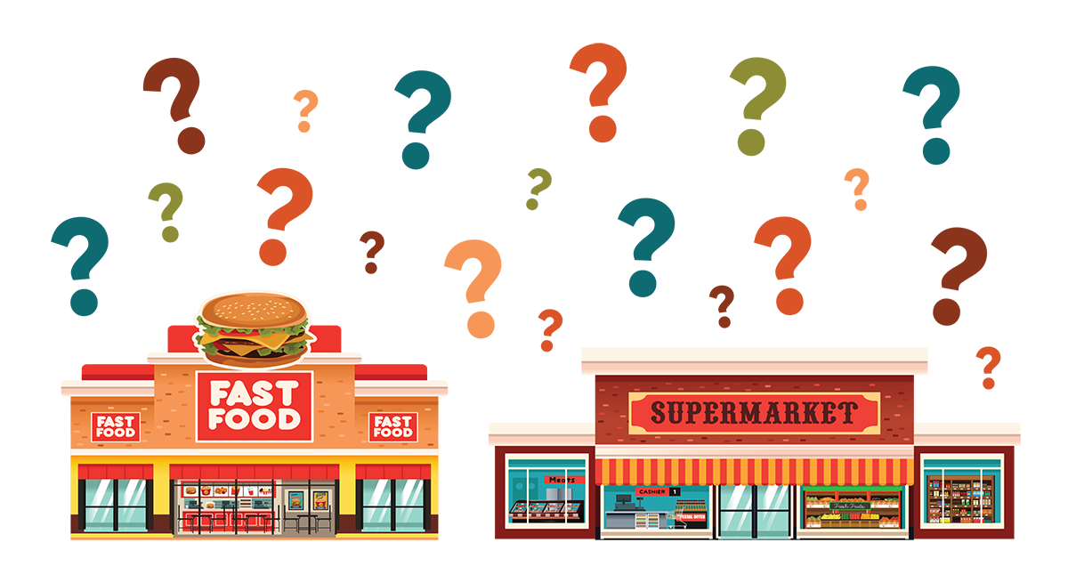 Same fast food and grocery Questions about supermarkets and fast food restaurants