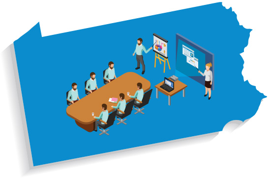 Illustration of the state of Pennsylvania with several people on it having a meeting