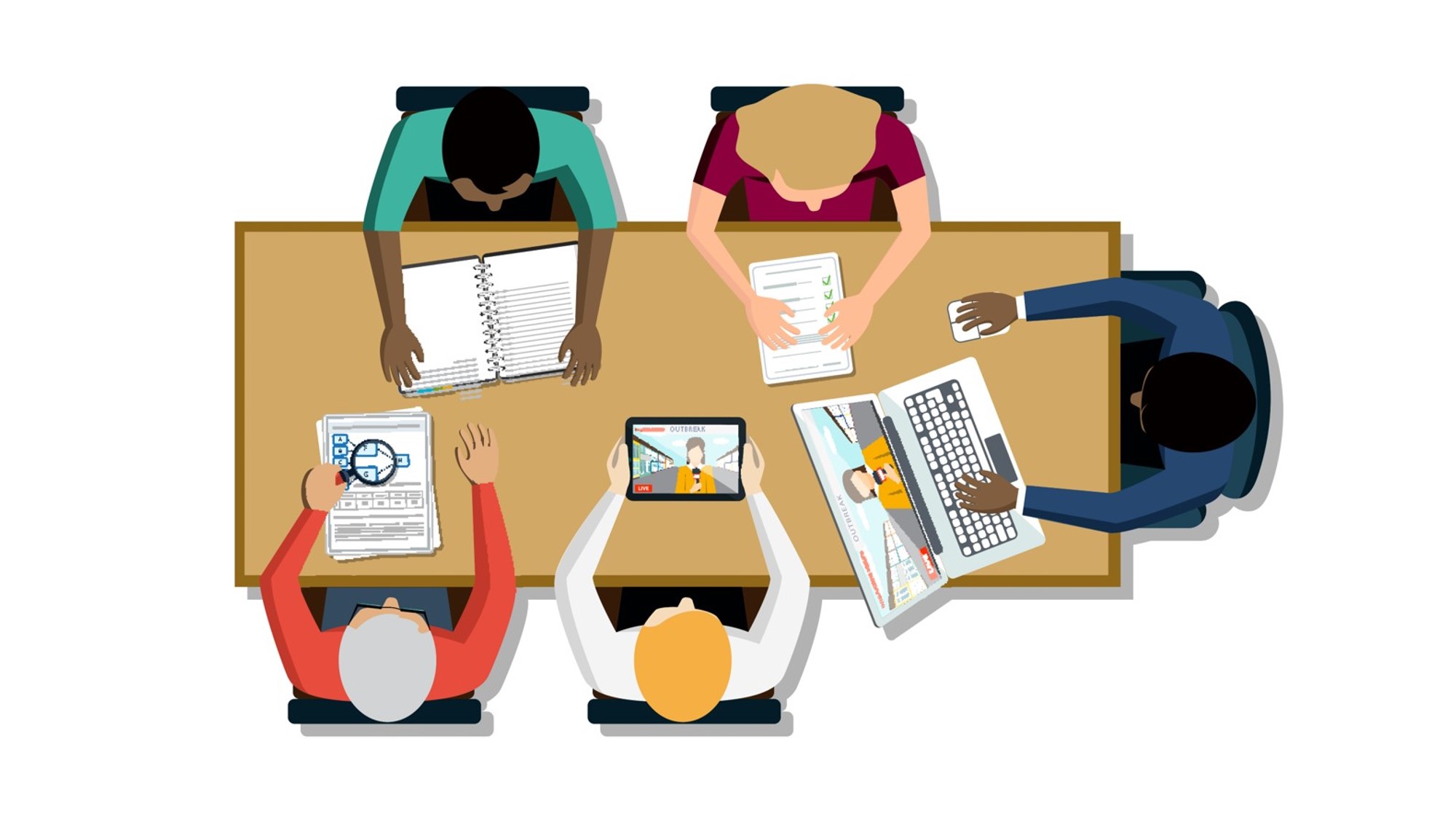 Help Solve Outbreaks Overhead view of five people studying materials to help solve outbreaks
