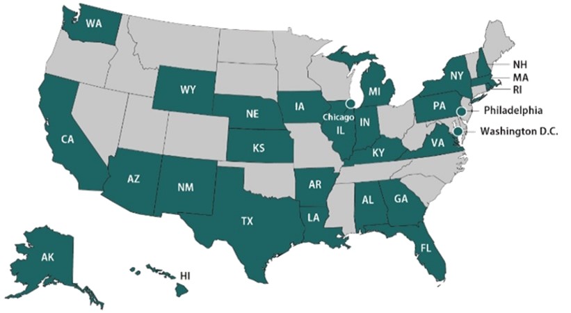 obnemap Map of United States highlighting OutbreakNet Enhanced sites: Washington, Wyoming, California, Nebraska, Arizona, New Mexico, Texas, Kansas, Arkansas, Iowa, Louisiana, Indiana, Michigan, Kentucky, Virginia, Georgia, Alabama, Illinois, Chicago, Pennsylvania, Philadelphia, Florida, New York, New Hampshire, Rhode Island, Massachusetts, Washington DC