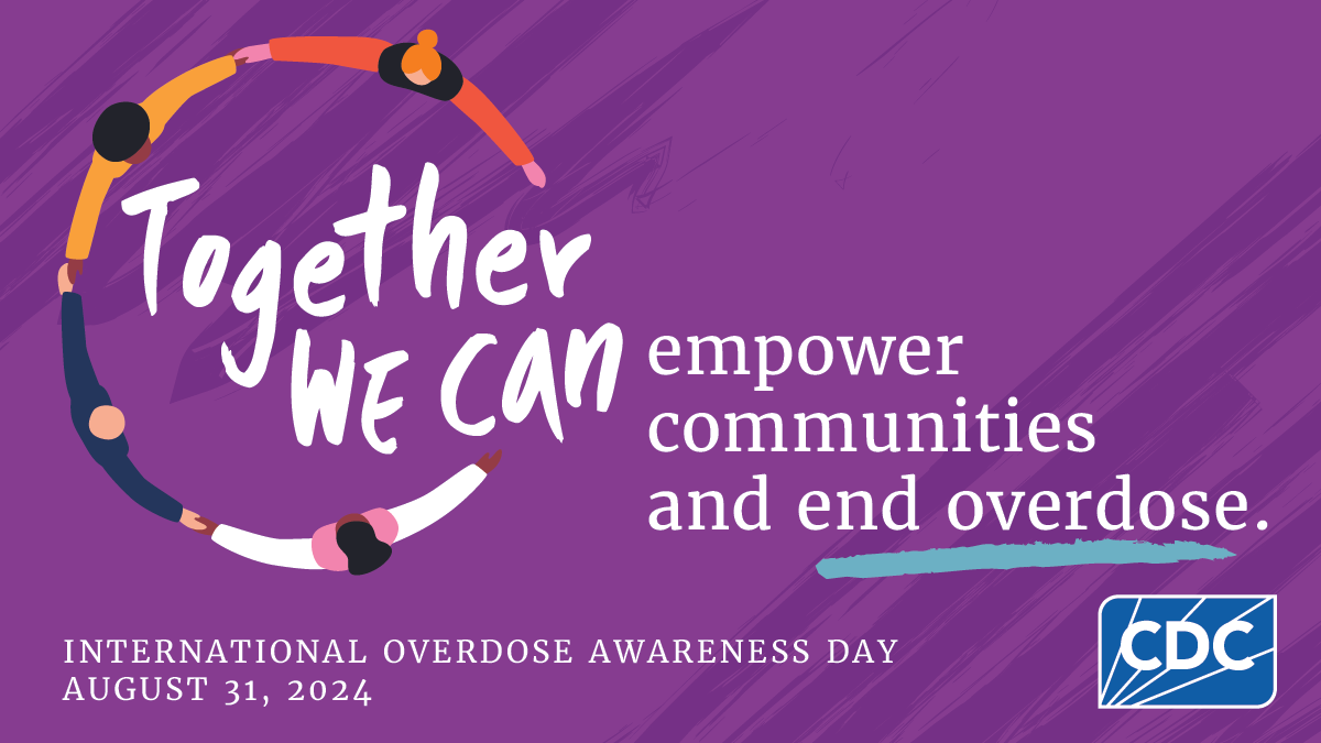 IOAD 2024 Twitter Graphic Empower People holding hands with text "Together we can empower communities and end overdose. International Overdose Awareness Day."