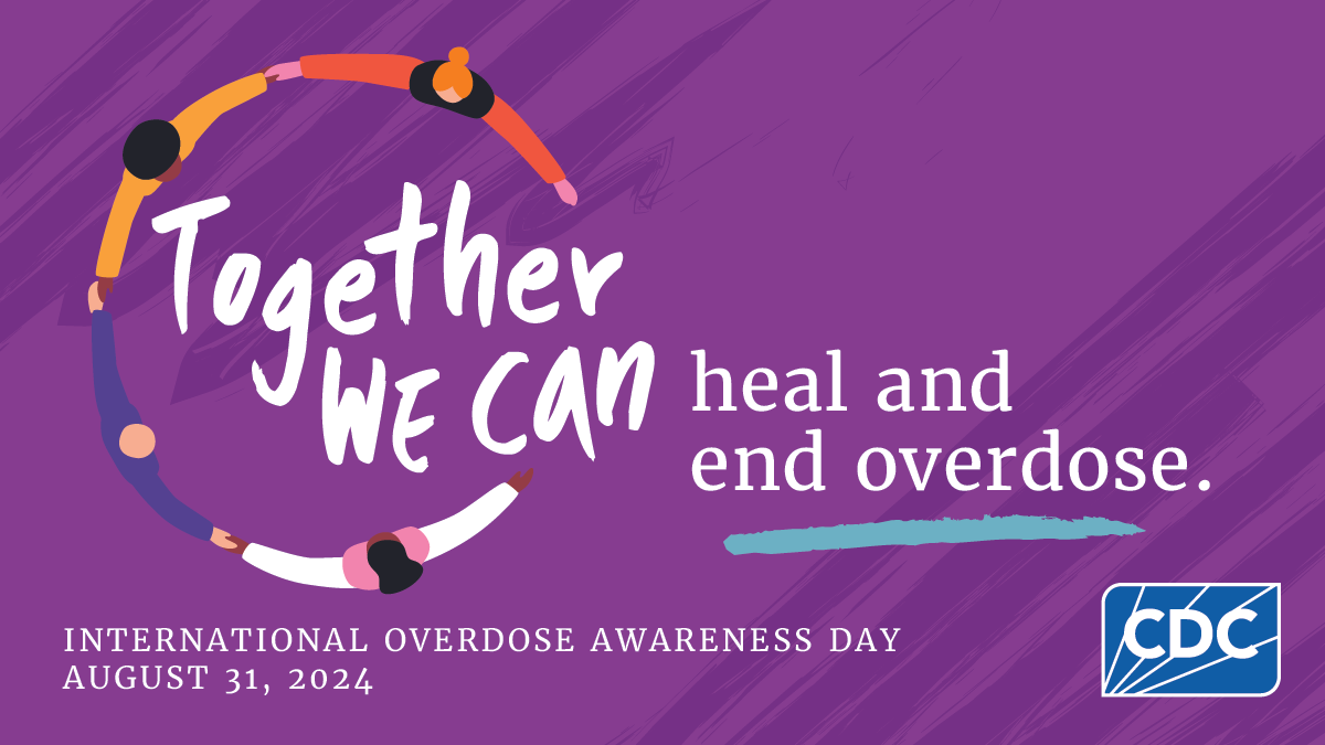 IOAD 2024 Twitter Heal People holding hands with text "Together we can heal and end overdose. International Overdose Awareness Day."