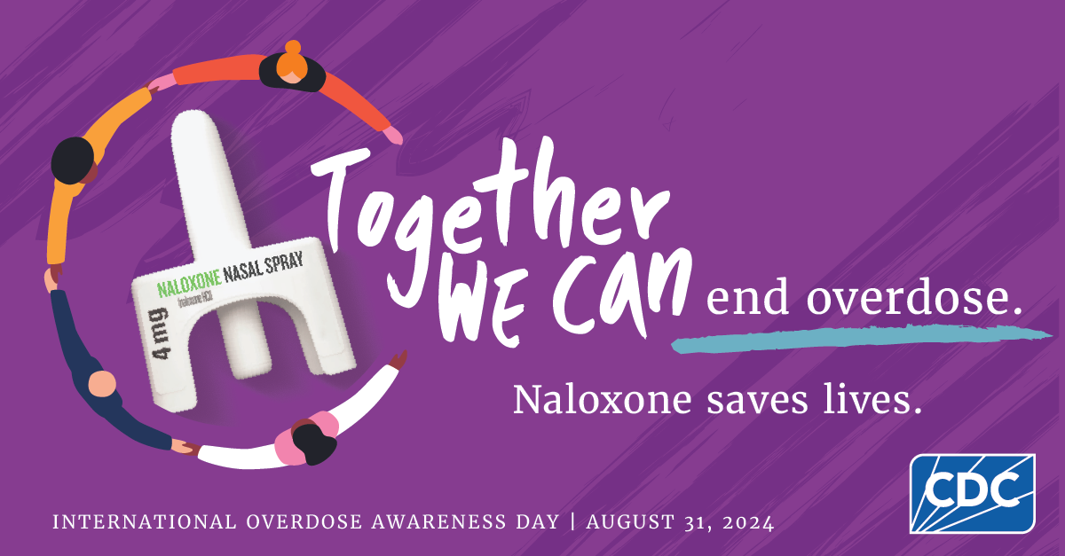 IOAD 2024 LinkedIn Graphic Naloxone People holding hands with text "Together we can end overdose. Naloxone saves lives. IOAD: August 31, 2024."