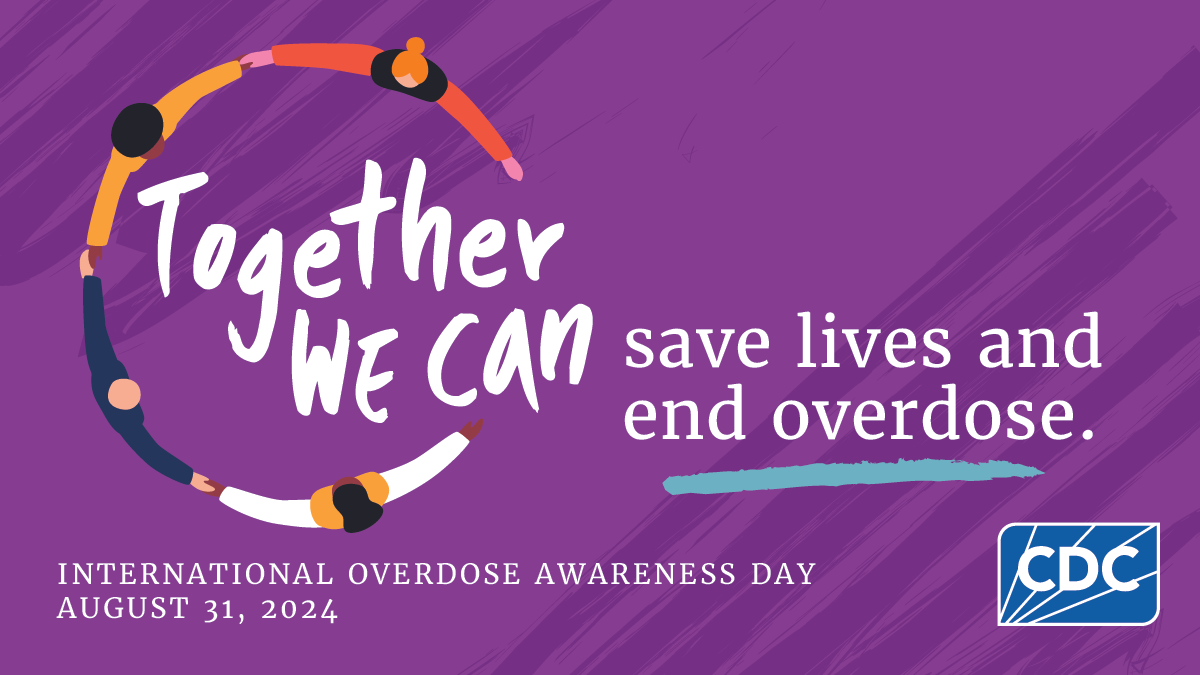 IOAD 2024 Twitter Graphic Save Lives People holding hands with text "Together we can save lives and end overdose. International Overdose Awareness Day."