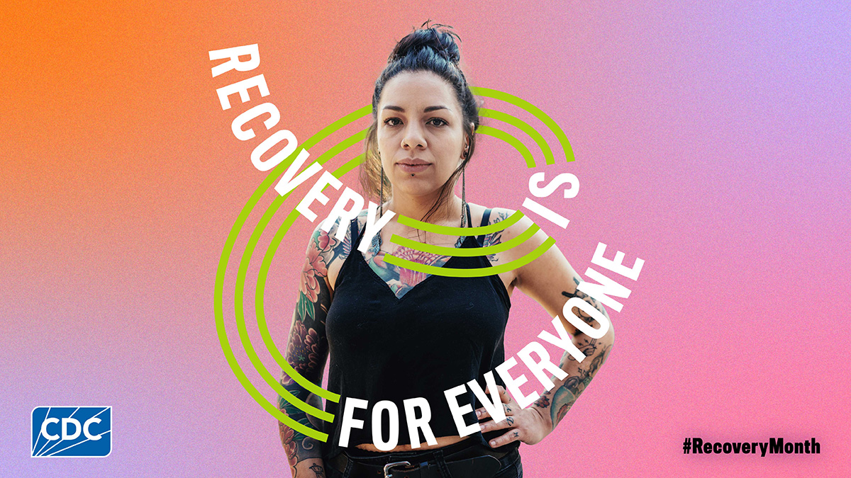 RecoveryIsForEveryone Image of person on a multi-colored background with text surrounding them that says "Recovery Is For Everyone"