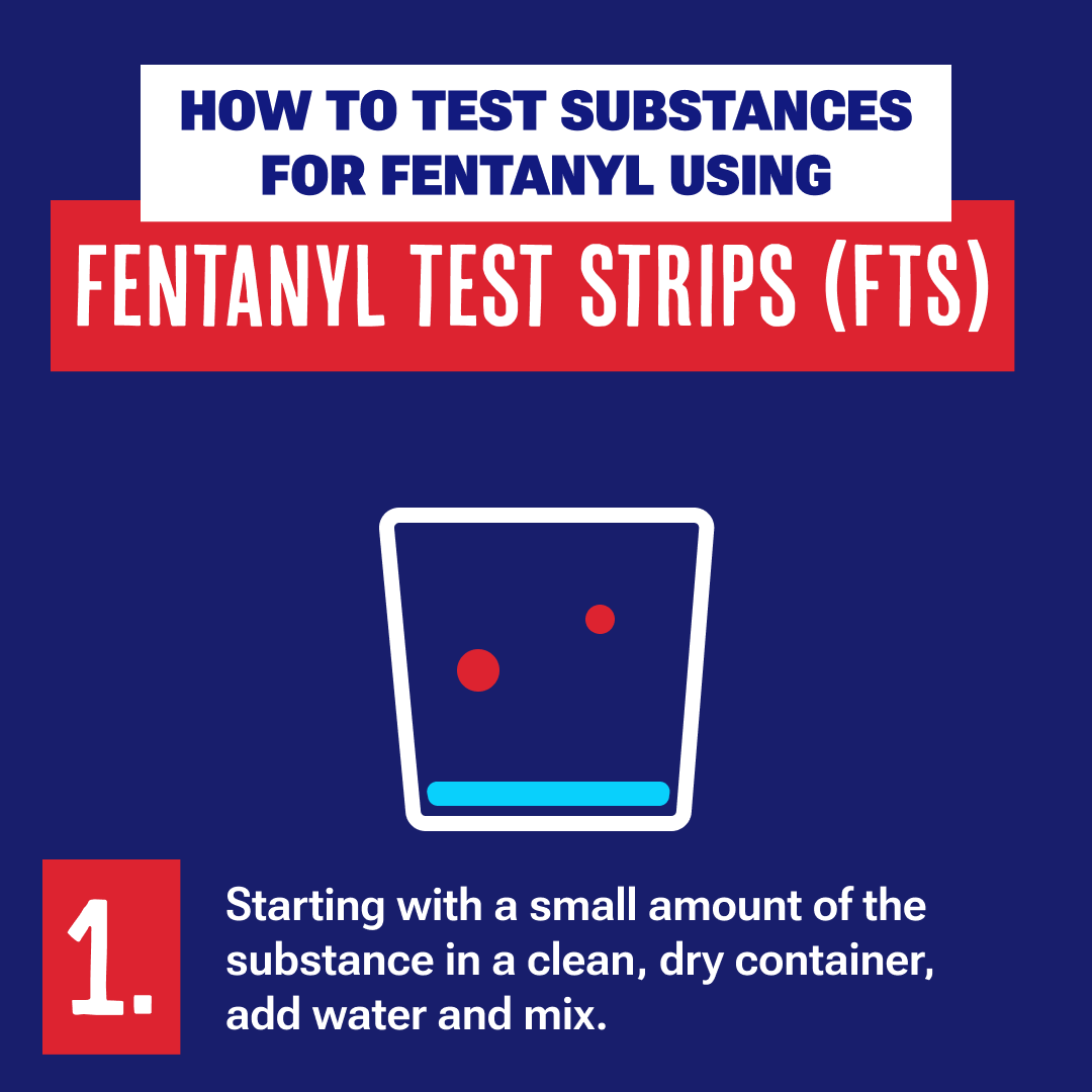 OverdosePrevention-FTS2 How to test substances for fentanyl using fentanyl test strips. 1. Starting with a small amount of the substance in a clean, dry container, add water and mix.