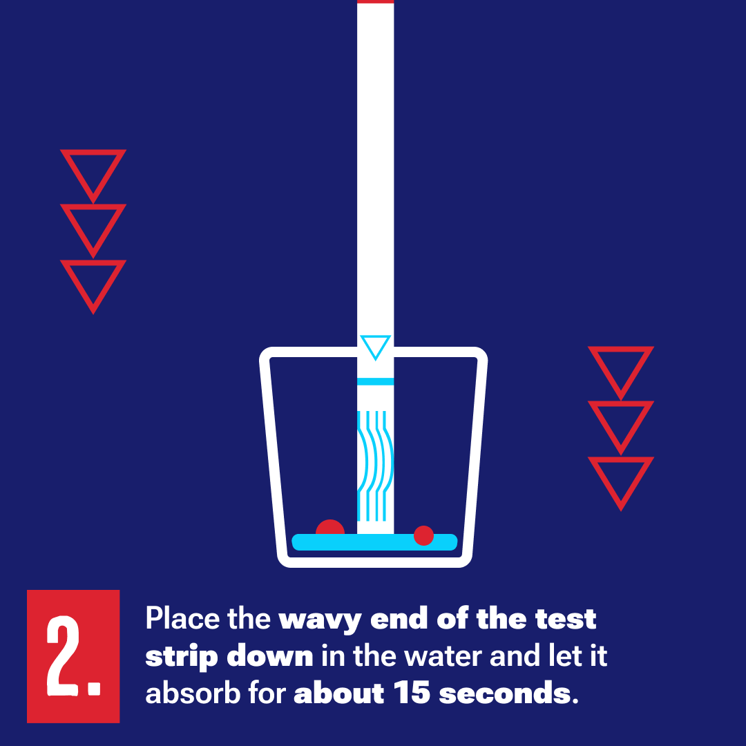 OverdosePrevention-FTS3 2. Place the wavy end of the test strip down in the water and let it absorb for about 15 seconds.